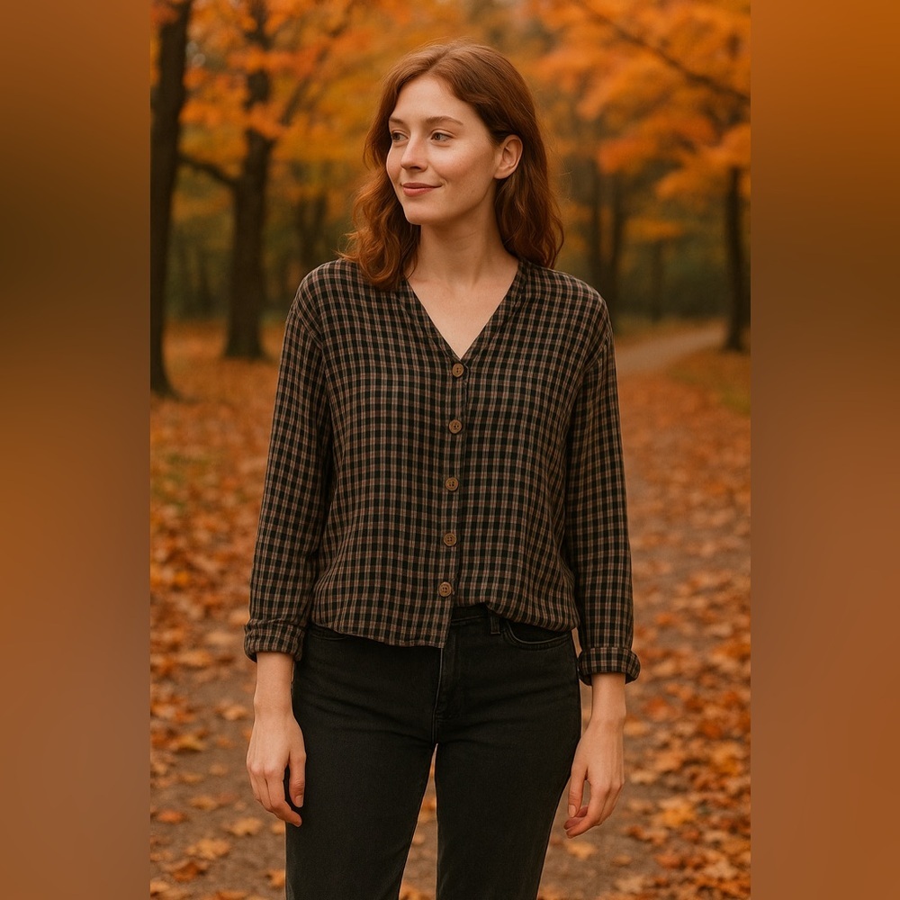 Putumayo Vintage Brown Plaid Rayon Button Front Blouse Small Boho Cottagecore